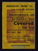 1957/58 Manchester Utd v Sheffield Wednesday FAC 5th round football match ticket. Good.