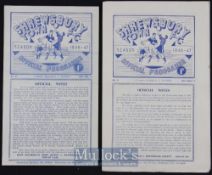 1946/47 Shrewsbury Town v Oswestry Town football programme 19 October 1946, v Halesowen 14 September