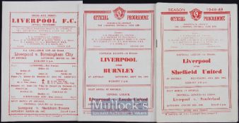 Liverpool home programmes to include 1946/47 Birmingham City (FAC) single sheet, 1947/48 Burnley,