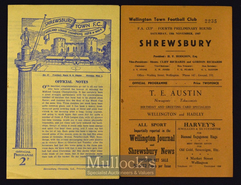 1947/48 Wellington Town v Shrewsbury Town FAC football programme plus Shrewsbury Town v Wellington