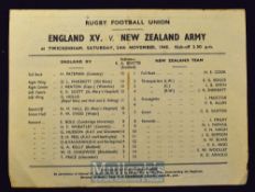 1945 England v NZ Army XV (The Kiwis) Rugby Programme: Single sheet printed both sides for this