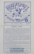1946/47 Shrewsbury Town v RAF Shrewsbury friendly football programme 31 May 1947, single sheet.
