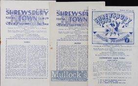 1949/50 Shrewsbury Town home football programmes v Aston Villa, Walsall, Stoke City, Birmingham