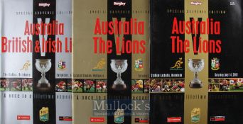 British & Irish Lions 2001 Tour to Australia Rugby Programmes (3): Full set of three large colourful