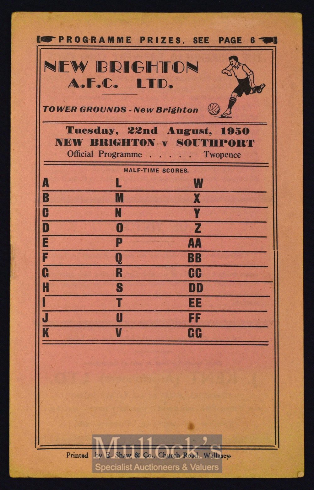 1950/51 New Brighton (1st home game of final season) v Southport match programme 22 August 1950.