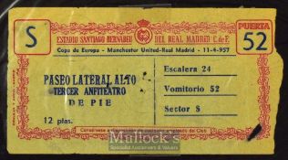 1956/57 European Cup semi-final match Real Madrid v Manchester Utd stadium ticket 11 April 1957