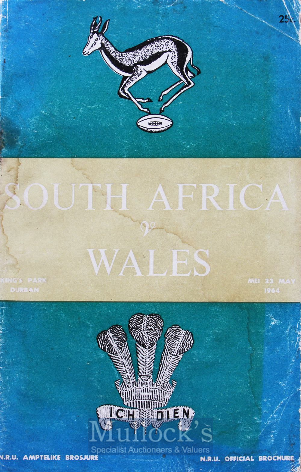 1964 South Africa v Wales Rugby Programme(s): Well-worn and partially-stained issue from the 24-3