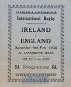 Rare 1930 Ireland v England ‘Pirate’ Rugby Programme: Small 4pp issue with team line ups, pocket
