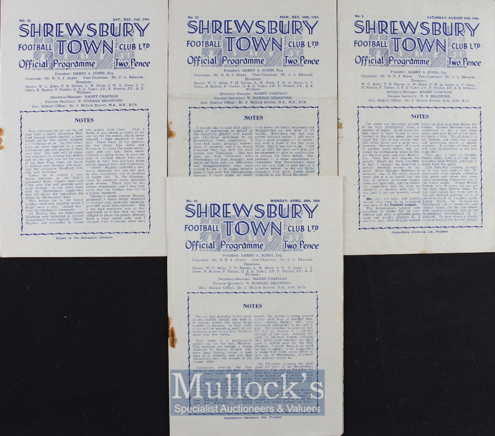 1949/50 Shrewsbury Town Midland League home football programmes to include Notts. County, Worksop