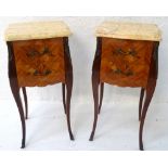 PAIR OF FRENCH LOUIS XVI STYLE KINGWOOD BEDSIDE TABLES with shaped marble tops above two drawers