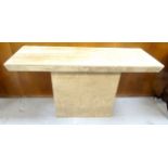 ACID ETCHED MARBLE HALL TABLE with an oblong moulded edge top standing on a rectangular base,