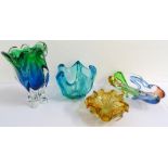 SELECTION OF COLOURED GLASSWARE including a shell shaped ceiling light shade and various irregular