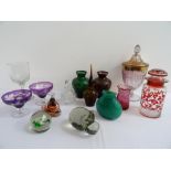 SELECTION OF VARIOUS GLASSWARE including six coloured glass wine glasses decorated with vines, a