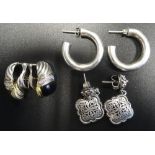 THREE PAIRS OF SILVER EARRINGS comprising one pair set with diamonds and with eighteen carat gold