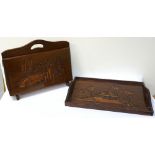 MALAYSIAN TEAK TRAY with raised sides and shaped carrying handles, with carved decoration, 51cm