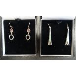 TWO PAIRS OF SILVER DROP EARRINGS one pair set with mother of pearl above pierced triquetra