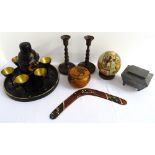 MIXED LOT OF COLLECTABLES including an ebonised cocktail set with gilt decoration, a pair of