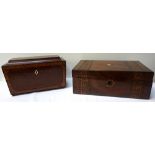 19th CENTURY MAHOGANY AND WALNUT SARCOPHAGUS SHAPED TEA CADDY with lion mask and hoop handles,