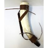 LARGE COW HORN FLASK with a modern leather shoulder strap, 46.5cm long
