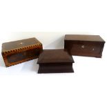 VICTORIAN WALNUT AND INLAID SEWING BOX with a fitted interior, 30.5cm wide; an oak clerk's desk box,