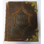 VICTORIAN FAMILY BIBLE the tooled leather cover with brass corners and closures, with a dedication