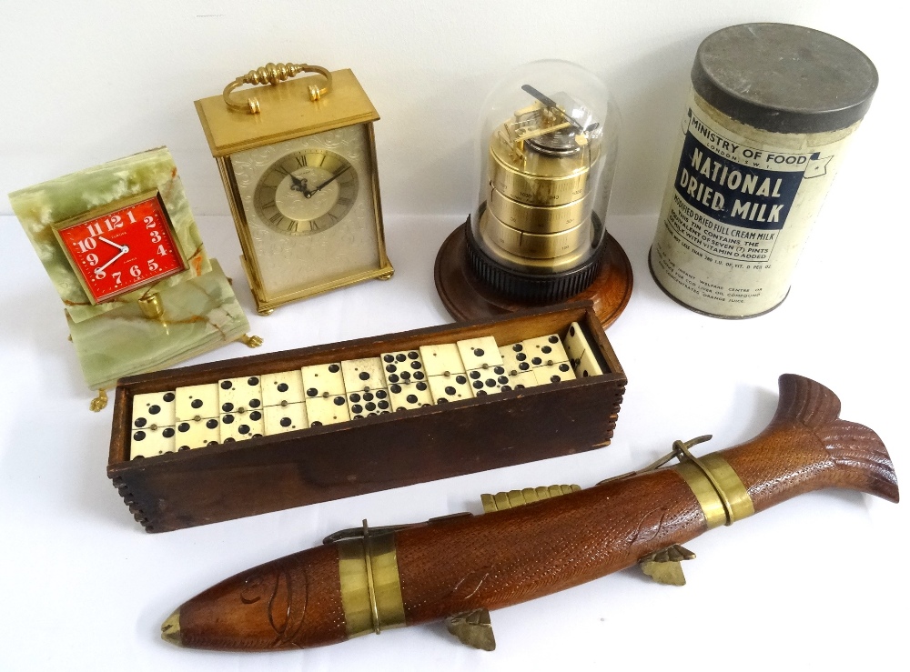 MIXED LOT OF COLLECTABLES including a set of postal scales, wooden chess pieces, a boxed bone domino