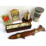 MIXED LOT OF COLLECTABLES including a set of postal scales, wooden chess pieces, a boxed bone domino