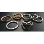 SEVEN PANDORA RINGS including a rose Princess Tiara, three silver Linked Love, a silver Heart of