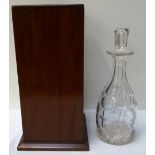 EDWARDIAN MAHOGANY DECANTER CASE with brass sliding catch and lock division, with blue felt lined