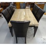 ACID ETCHED MARBLE DINING TABLE AND LEATHER CHAIRS the table with an oblong top and shaped frieze,