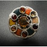VICTORIAN GEM AND STONE SET UNMARKED SILVER BROOCH the central round cut citrine surrounded by