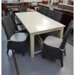 BASIC CREAM COLOURED DINING TABLE the oblong top above a broad frieze, standing on plain supports