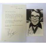 RONNIE CORBETT SIGNED BLACK AND WHITE PHOTOGRAPH 14cm x 9cm, together with a typed signed letter