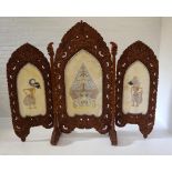 LARGE INDONESIAN HEAVILY CARVED TEAK 'SKETSEL WAYANG' in three sections, the frame decorated with