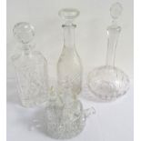 SELECTION OF CRYSTAL AND GLASS WARE including four square cut decanters and stoppers, a pair of