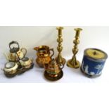 MIXED LOT OF COLLECTABLES including a pair of brass knopped candlesticks with ejectors, 28cm high,