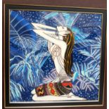 COLOURFUL TUBE LINED CERAMIC PANEL DECORATION OF A YOUNG SEMI NUDE GIRL KNEELING IN FOREST SETTING