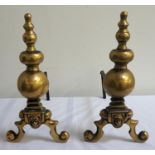 PAIR OF BRASS ANDIRONS of turned knopped form with lion mask decoration above splayed scroll