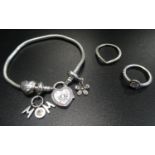 PANDORA MOMENTS SILVER LOCK YOUR PROMISE HEART CLASP BRACELET with three Pandora charms; together