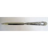 ELIZABETH II SILVER PAPER KNIFE with a stiletto blade, Sheffield 1990, 23cm long and boxed