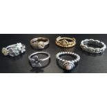 SIX PANDORA RINGS comprising a CZ set Princess Tiara Rose coloured ring, a Sparkling Love Rose