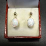 PAIR OF OPAL DROP EARRINGS the oval cabochon opals in nine carat gold settings