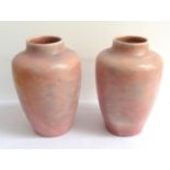 PAIR OF MINTON HOLLINS & CO VASES of baluster form, Astra Ware design, decorated in mottled pink and