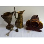 MIXED LOT OF COLLECTABLES including a carved oak and brass bound barrel on a shaped stand with six