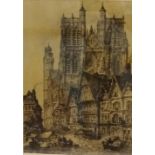 A LEROUX (French, circa 1900) 'Abbeville Cathedral' and 'Rouen Cathedral', etchings, a pair, signed,