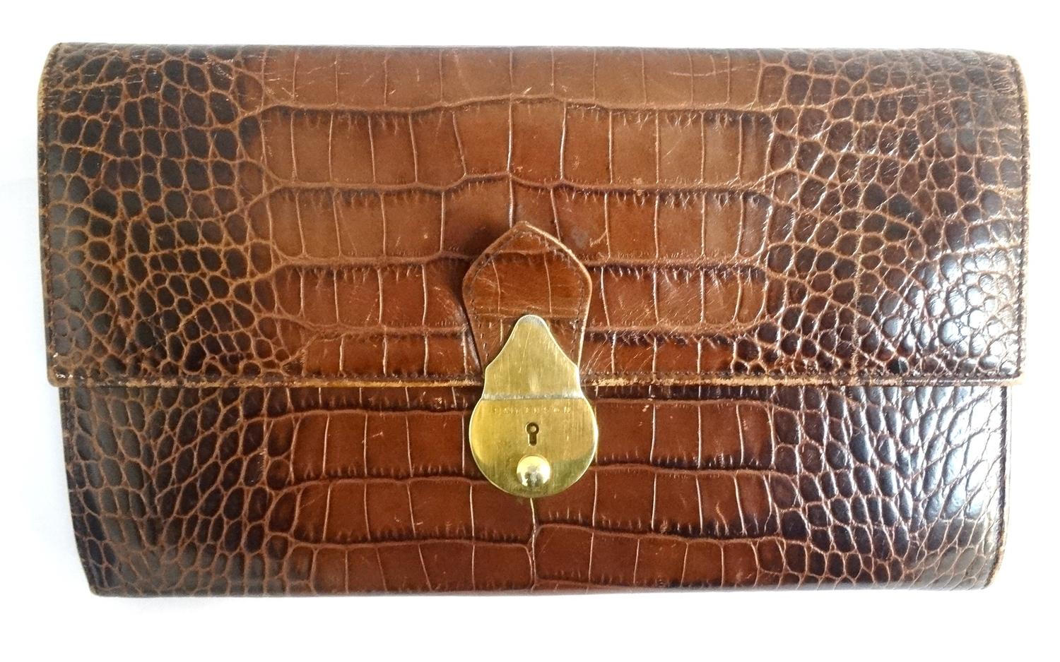 SMYTHSON OF BOND STREET LEATHER TRAVEL DOCUMENT WALLET in crocodile print brown leather, the