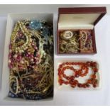 COLLECTION OF COSTUME JEWELLERY mainly necklaces and pendant necklaces, brooches noted, 2 boxes