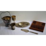 LOT OF SILVER PLATED WARES includes a set of twelve teaspoons and tongs in fitted case, ice bucket