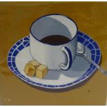 ED O'FARRELL Blue/White coffee cup, oil on canvas, signed and signed and tilted to verso, 30.5cm x