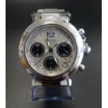 GENTLEMAN'S CARTIER PASHA CHRONOGRAPH WRISTWATCH with a circular silvered dial and tachymeter around